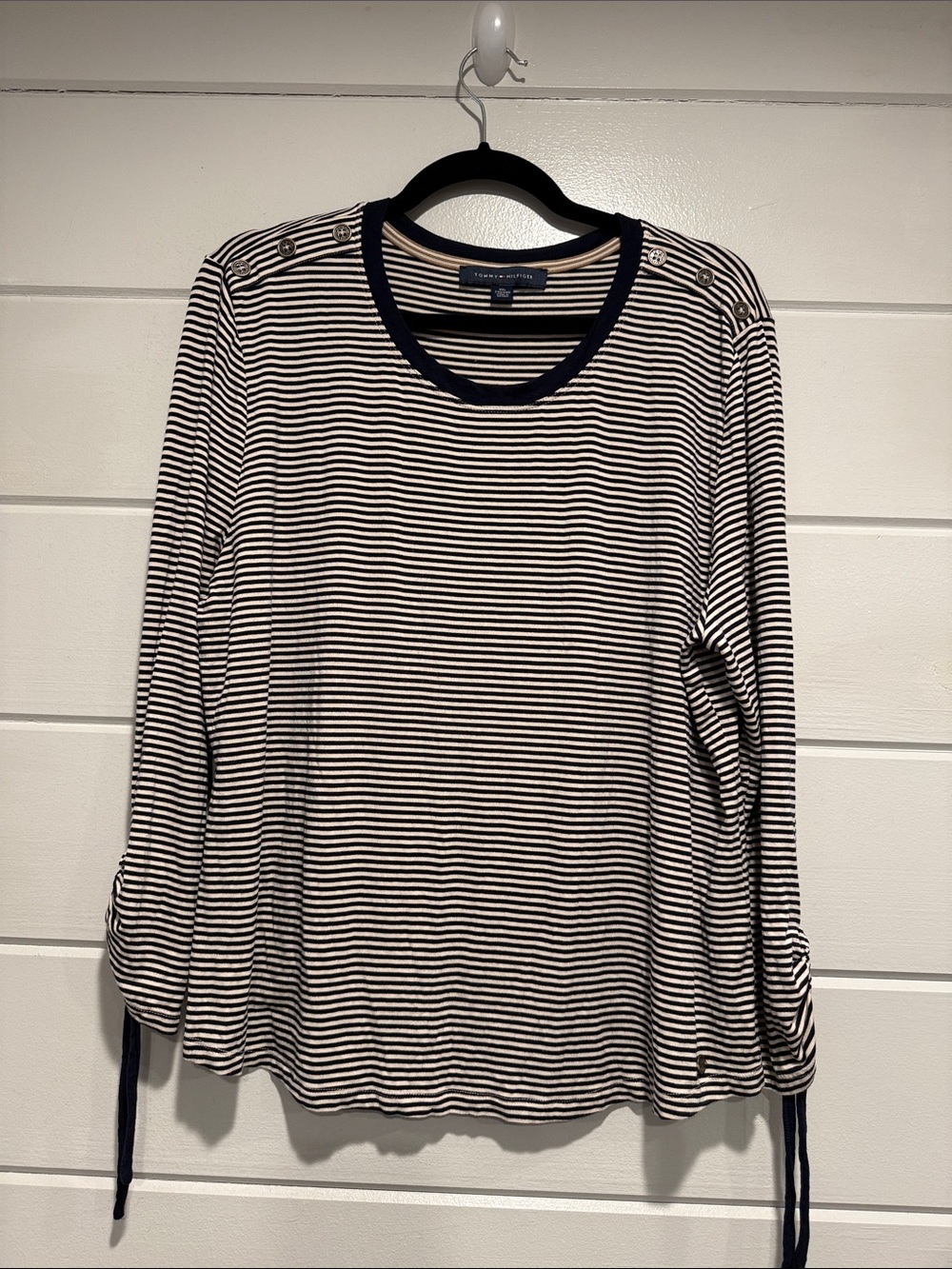 Tommy Hilfiger Navy & White Striped Long-Sleeve Top with Shoulder Buttons. XXL
